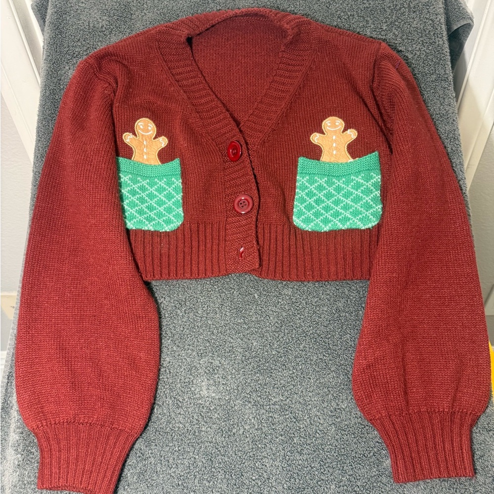 Women's Red‎ Christmas Cardigan Sweater with Green Accents